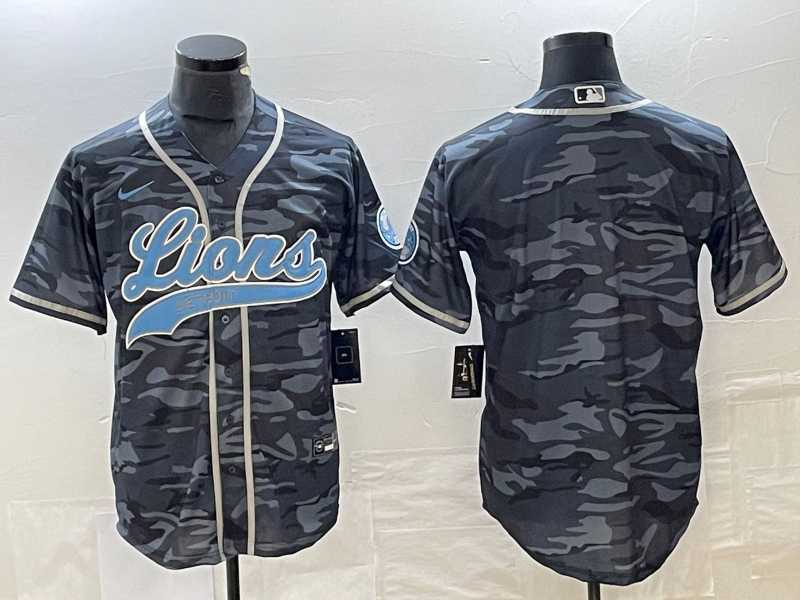 Mens Detroit Lions Blank Grey Camo With Patch Cool Base Baseball Limited Jersey->->